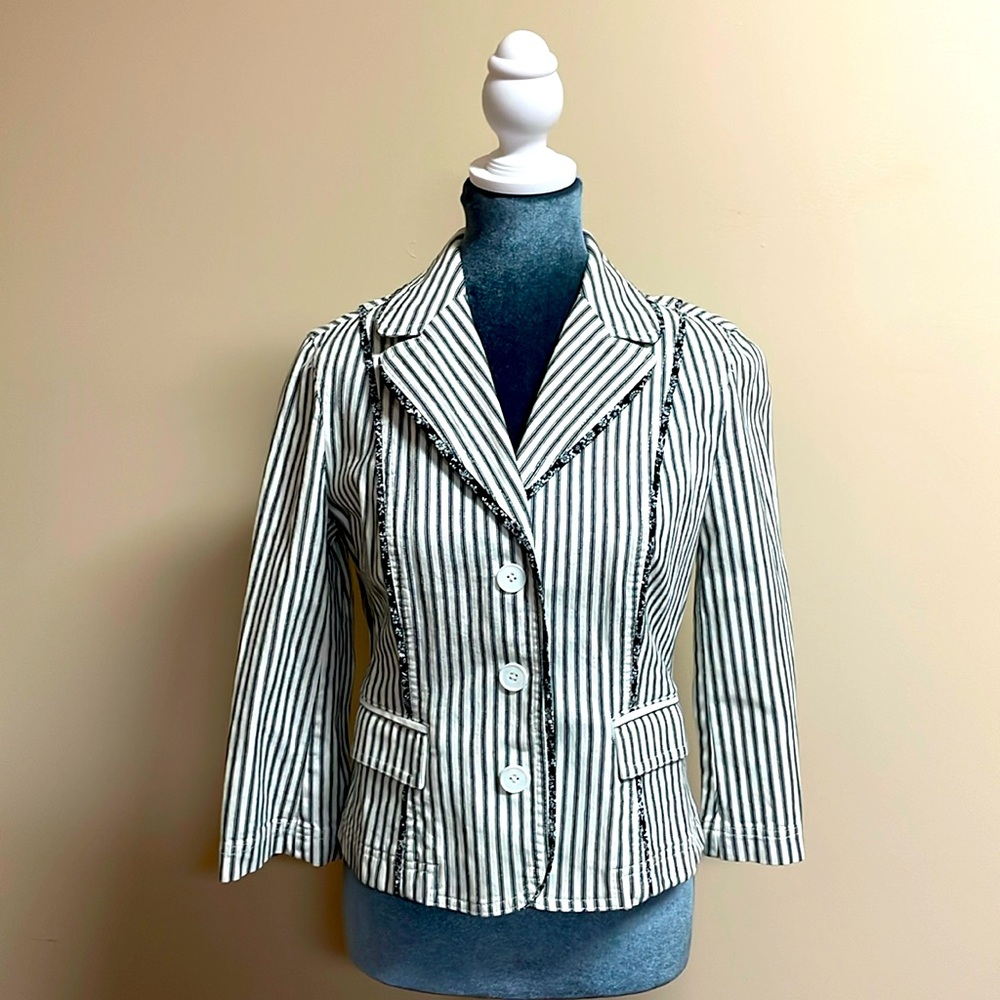 LOFT Blazer Cream Black Stripe Raw Hem 3 Button Front Casual Women's Size 6P